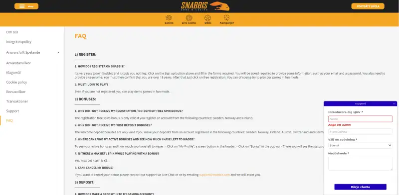 Snabbis Casino kundtjänst med FAQ och livechatt