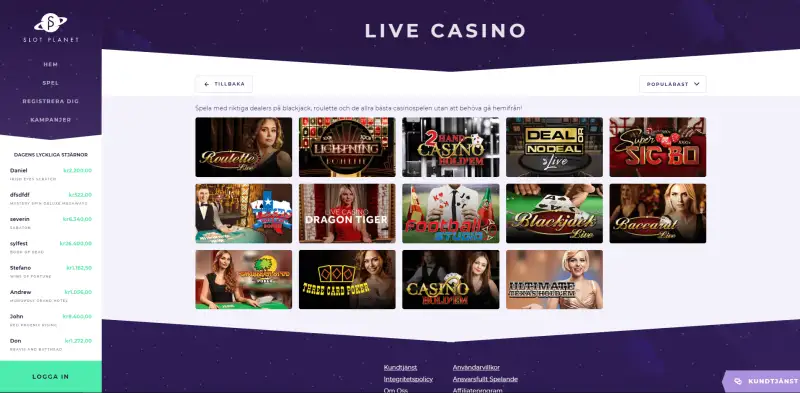 Live Casino spel hos Slot Planet