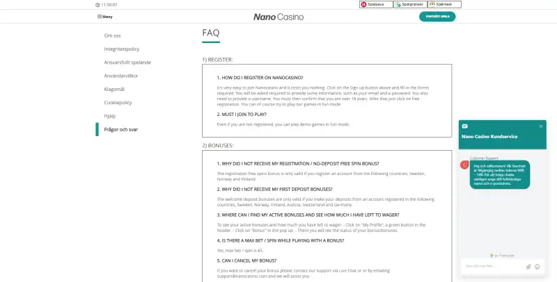 Nano Casino FAQ och Livechatt