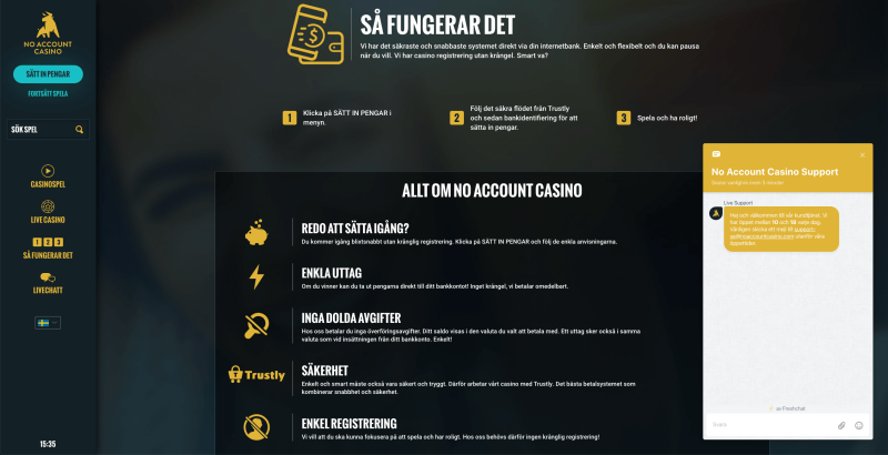 No Account Casinos live chat och kundtjänst