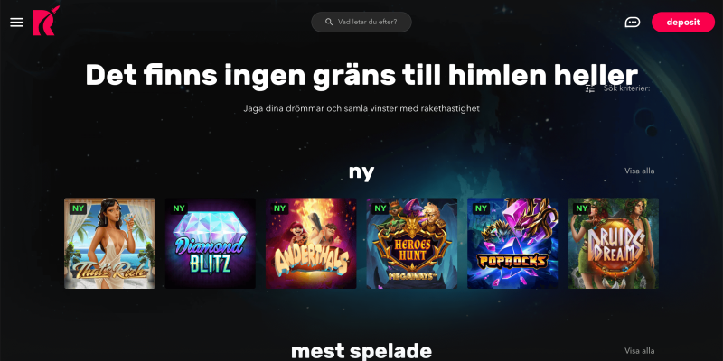 Startsidan på Rocket Casino