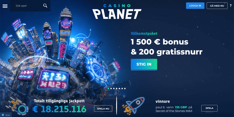 Casino Planet startsida med bonus