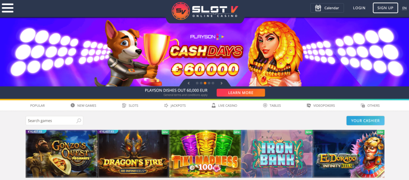 SlotV Casino startsida med erbjudande