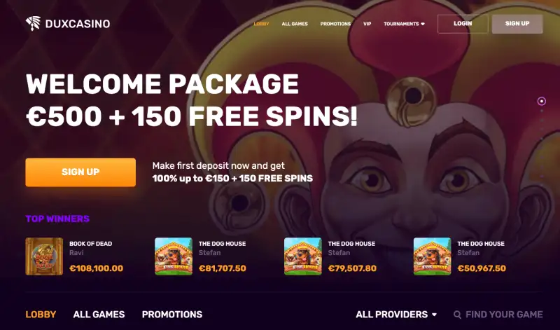 Duxcasinos välkomstpaket på startsidan