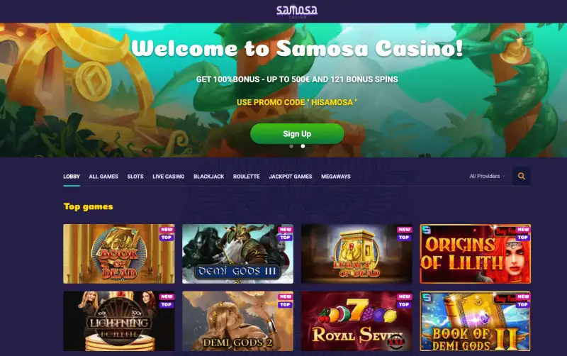 Samosa Casino startsida med slots