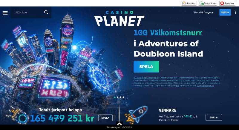 Casino Planet startsida med välkomstsnurr