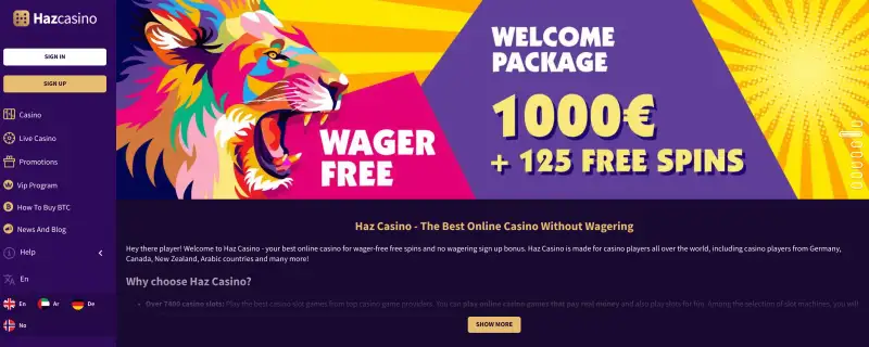 Haz Casino startsida med välkomsterbjudande
