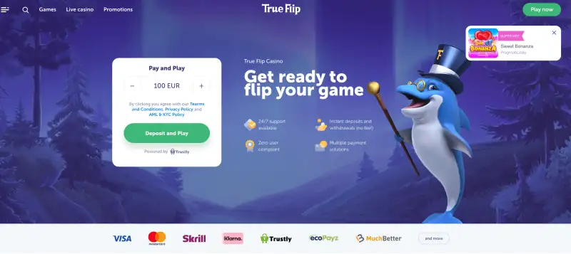 Startsidan hos casinot TrueFlip
